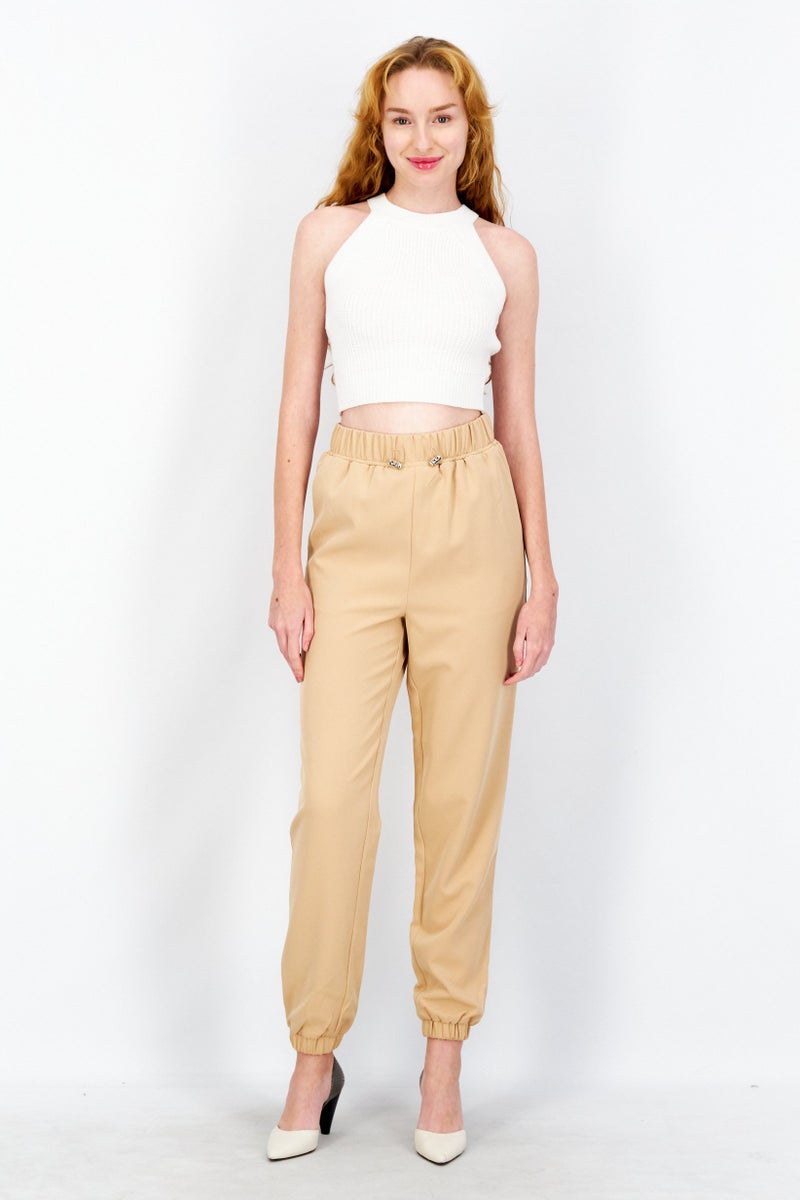 NA-KD Kim Feenstra x NA-KD Women High Rise Solid Side Pocket Drawstring Jogger Pants, Tan - Image 3