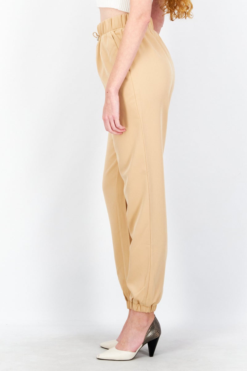 NA-KD Kim Feenstra x NA-KD Women High Rise Solid Side Pocket Drawstring Jogger Pants, Tan - Image 4