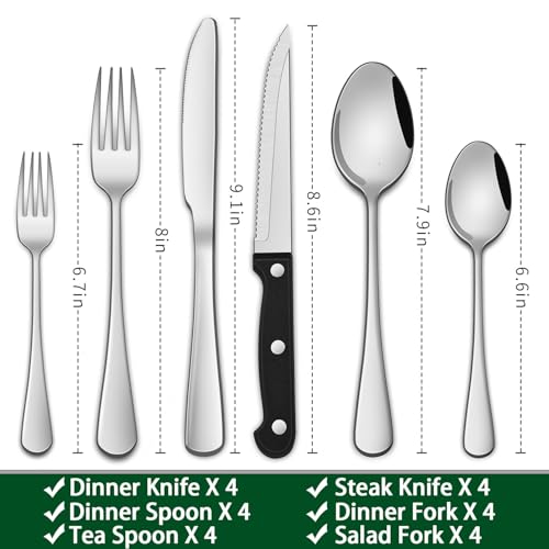Dehov 24-Piece Silverware Set with Steak Knives,Flatware Set Service for 4 Person, Food-Grade Stainless Steel Cutlery Set,Includes Knife Spoon And Fork, Mirror Finished Utensil Sets for Home Restaurant - Image 2