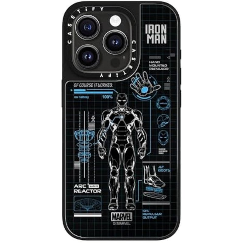 Casetify Mirror iPhone 15 Pro Case 【Iron Man Co-Lab/Reflective / 4.9ft Drop Protection/Compatible with Magsafe】 - Iron Man Blue Print Tech - Blue - Silver on Black - Image 3