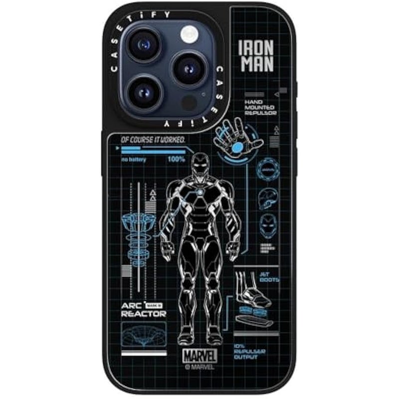 Casetify Mirror iPhone 15 Pro Case 【Iron Man Co-Lab/Reflective / 4.9ft Drop Protection/Compatible with Magsafe】 - Iron Man Blue Print Tech - Blue - Silver on Black - Image 1
