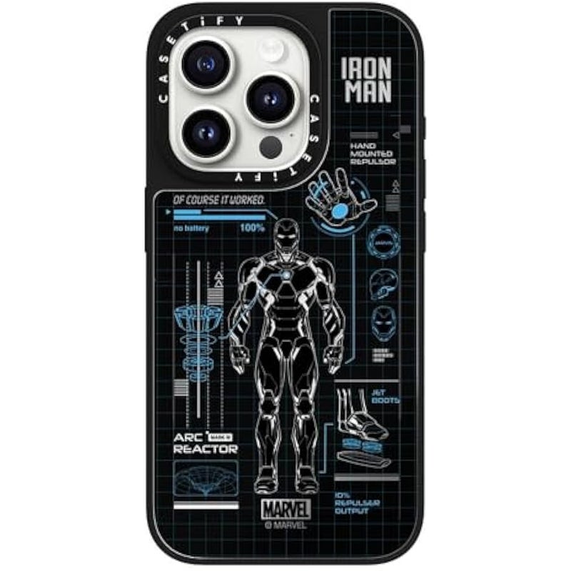 Casetify Mirror iPhone 15 Pro Case 【Iron Man Co-Lab/Reflective / 4.9ft Drop Protection/Compatible with Magsafe】 - Iron Man Blue Print Tech - Blue - Silver on Black - Image 2
