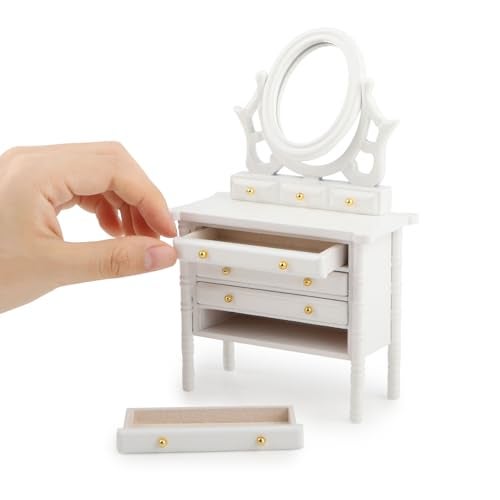 Cutemini Miniature Dollhouse Vanity Table 1 12 Furniture Makeup Dressing Table with Mirror and 4 Drawers Mini House Accessories Bedroom Living Room Scene Decoration White - Image 1