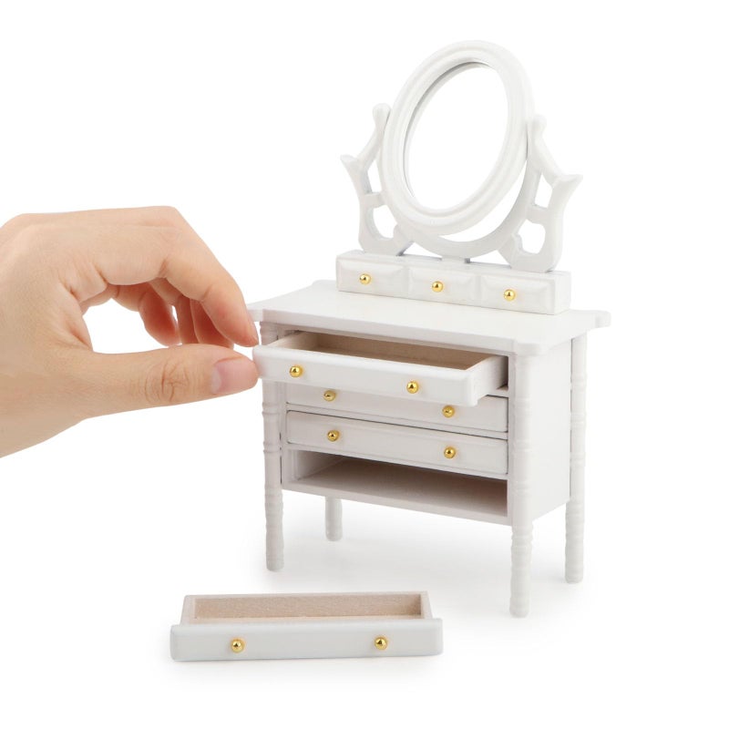 Cutemini Miniature Dollhouse Vanity Table 1 12 Furniture Makeup Dressing Table with Mirror and 4 Drawers Mini House Accessories Bedroom Living Room Scene Decoration White - Image 3