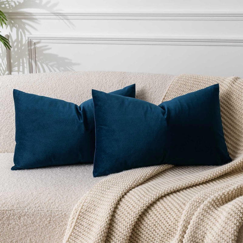 JUSPURBET Navy Lumbar Velvet Throw Pillow Covers 14x24 inch Set of 2 for Living Room Couch Sofa Bedroom Decorative Rectangle Solid Soft Cushion Cases with Invisible Zipper - Image 1