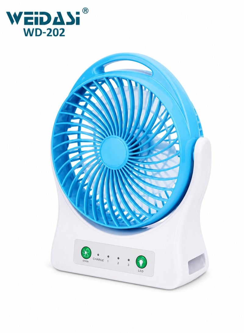 WEIDASI WD-202 Portable Rechargeable Desk Fan with LED Light, USB Powered Personal Cooling Fan, Adjustable Tilt Angle, 3 Speed Airflow, Quiet Operation, Battery Operated Table Fan for Home, Office, Study, Bedroom, Travel, Camping - Image 1