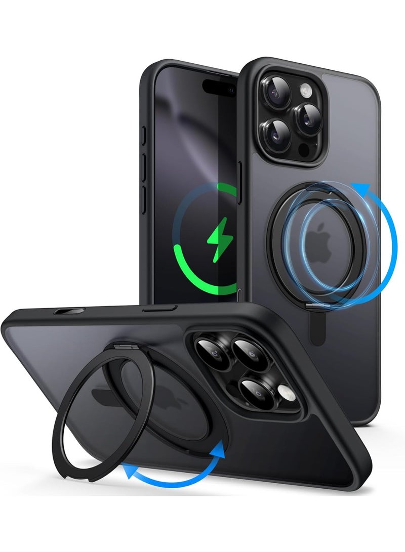Rotatable Ring Stand Case for iPhone 16 Pro Max, MagSafe Compatible, Translucent Matte Back, Black Titanium - Image 1