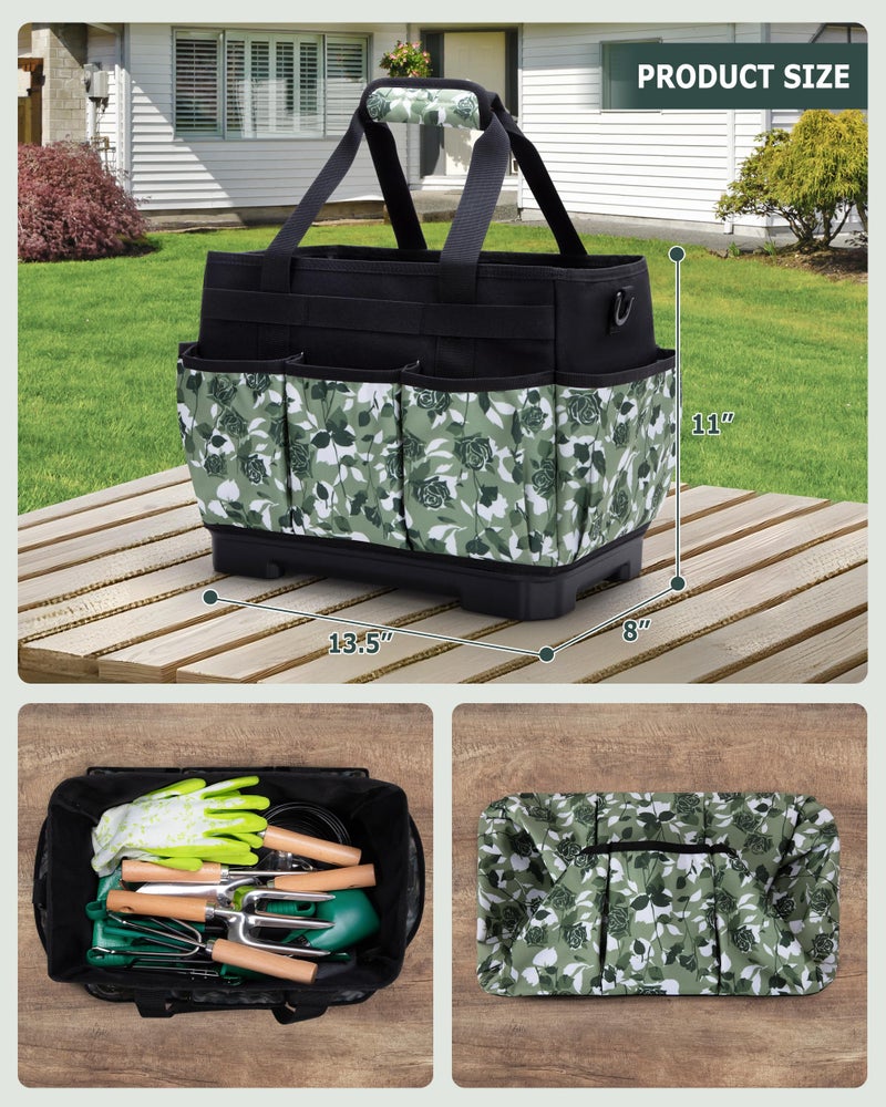 Marscamd Garden Tool Bag with Hard Bottom, Garden Tote with Shoulder Strap and Multiple Pockets (No Accessories Included), Green Rose - Image 3