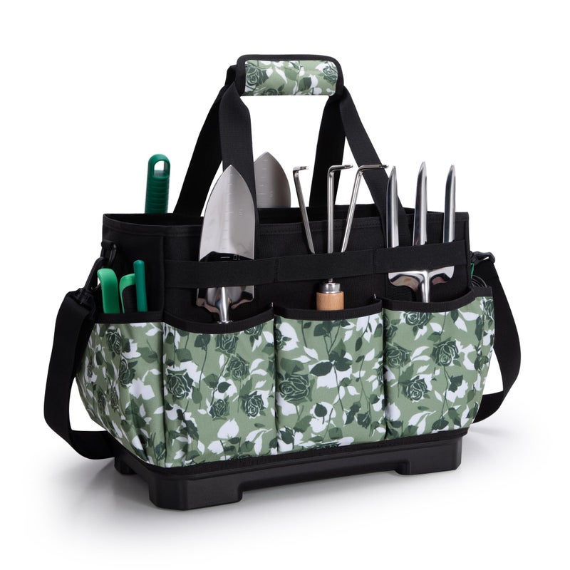 Marscamd Garden Tool Bag with Hard Bottom, Garden Tote with Shoulder Strap and Multiple Pockets (No Accessories Included), Green Rose - Image 1