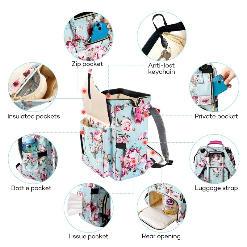 LitBear Diaper Bag Backpack, Large Capacity Multifunction Nappy Bags, Waterproof Baby Bag Floral Insulated Sturdy Travel Maternity Back Pack for Baby Girls with Diaper Pad Bottle Bag (Rose Flower) - Image 3
