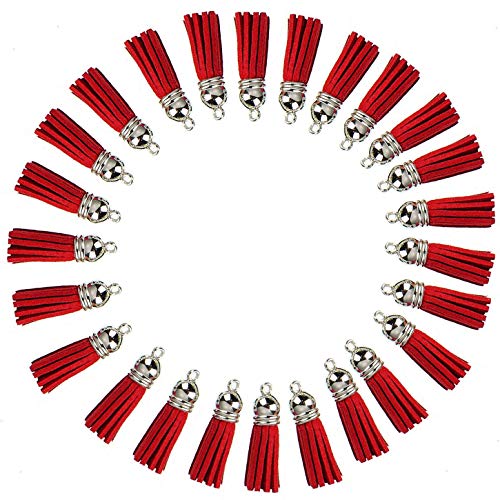 Finrray Keychain Tassels Leather Tassel Pendants with Silver White Caps,Tassel Charm for Jewelry Making Keychain Bracelets Ring Crafts -30pcs(1-1/2 inch,Red) - Image 1