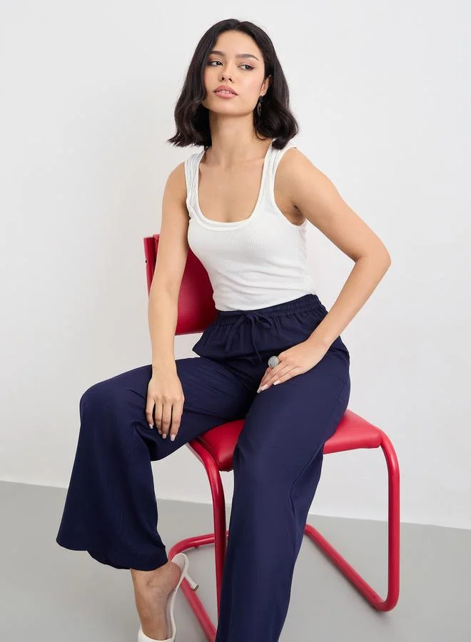 Styli Styli Solid Wide Leg Pants with Drawstring