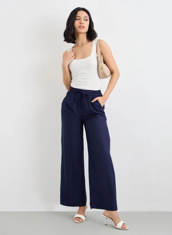 Styli Styli Solid Wide Leg Pants with Drawstring