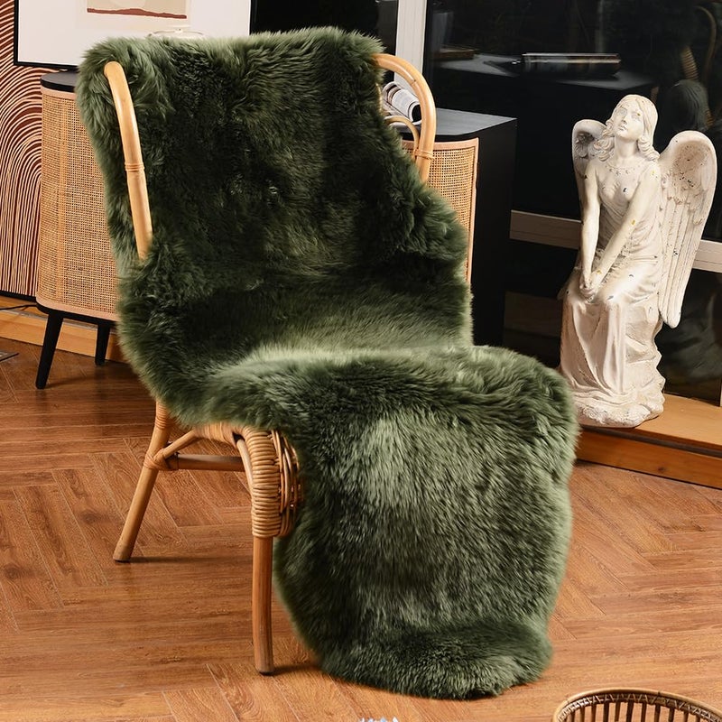 LLB Genuine Sheepskin Area Rug Fur Carpet Fluffy Shaggy Fur Rug for Living Room Kids Bedroom Real Sheepskin Throw Lambskin Aesthetic Rugs Sofa Mat Chair Seat Covers Dark Green 2 x 6 ft Sheepskin