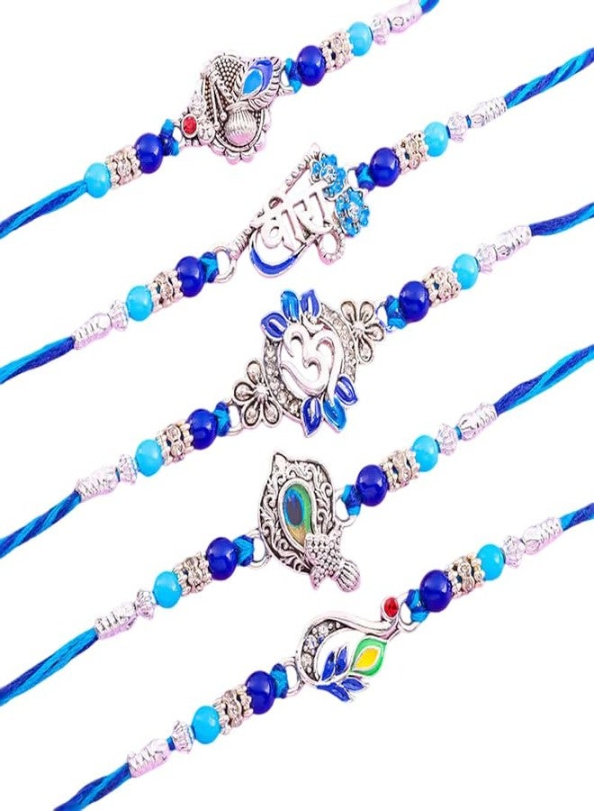Floweraura مجموعة فلاوراورا الفاخرة المصنوعة يدوياً من 5 قطع راخي أنيقة ومباركة مع عبوة رولي - راخي للأخ، بهاي، الأطفال، بهايا، أبناء العم، وهدية راكشا باندهان (توصيل في نفس اليوم) - Image 1