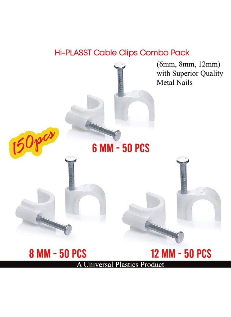 HI PLASST PINS N PLUGS HiPLASST Cable Clips Combo of 150pcs 6mm 8mm 12mm Wire Fastener Wall Pins with Metal Nails for Cable Management Cord Organizer Round Wire Clamps for Hanging Cables Fitting on wall White Pack of 350 Pieces Each Size  - Image 2