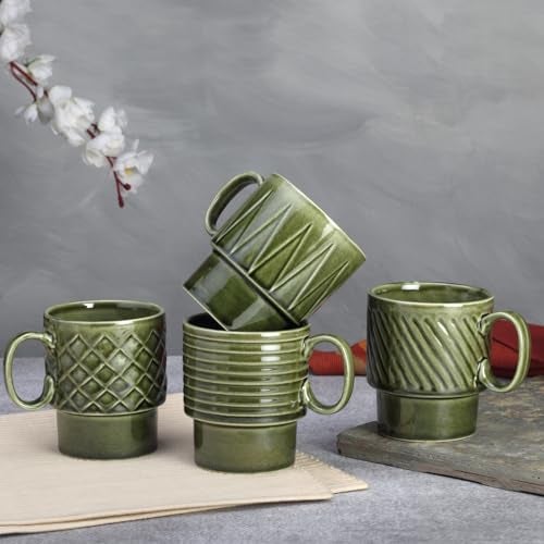 Bodhi House Stackable Ceramic Cups Set of 4 Pieces (150 ml), Small Coffee, Espresso Mugs with Glossy Finish, Microwave and Dishwasher Safe Chai Serving Cups, Ideal for Gifting, Moss Green - Image 3