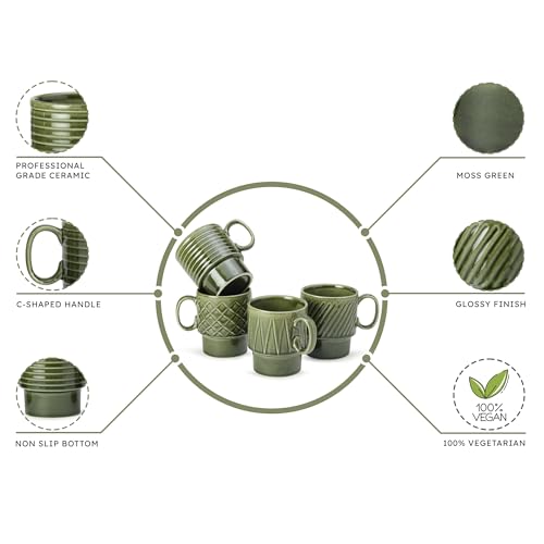 Bodhi House Stackable Ceramic Cups Set of 4 Pieces (150 ml), Small Coffee, Espresso Mugs with Glossy Finish, Microwave and Dishwasher Safe Chai Serving Cups, Ideal for Gifting, Moss Green - Image 5