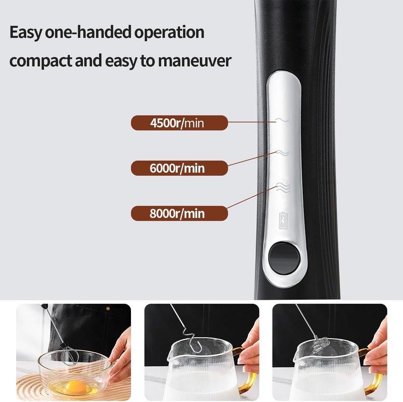 MITCMOLARD Coffee Mixer, Portable USB Rechargeable, 3 Replace Whisks, 3 Speeds, Black | Durable Stainless Steel Electric Milk Frother, Coffee Whisk for Latte, Hot Chocolate, Egg, Coffee, Milk, Cappuccino - Image 5