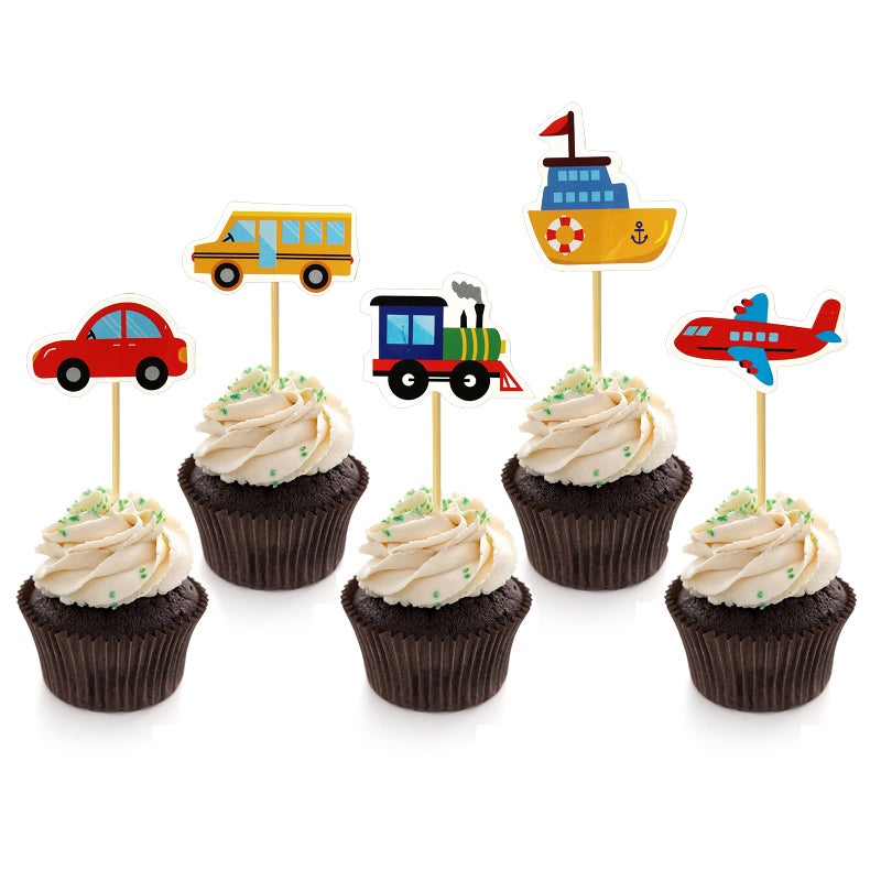 BIEUFBJI Transportation Cupcake Toppers 30 Pack Car Truck Train Airplane Ship Party Cake Toppers Picks for Kids Birthday Baby Shower Party Decorations Supplies - Image 1
