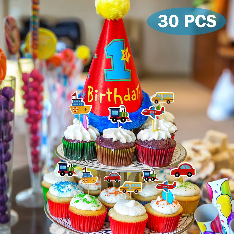BIEUFBJI Transportation Cupcake Toppers 30 Pack Car Truck Train Airplane Ship Party Cake Toppers Picks for Kids Birthday Baby Shower Party Decorations Supplies - Image 3
