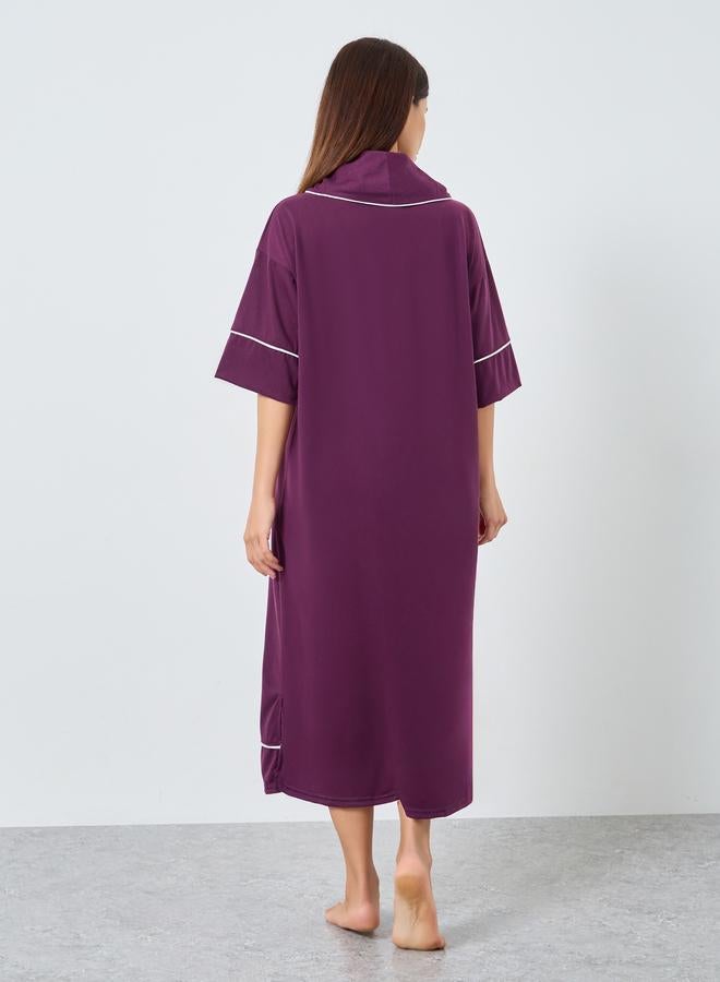 Styli Contrast Piped Half Placket Nightshirt Dress - Image 4