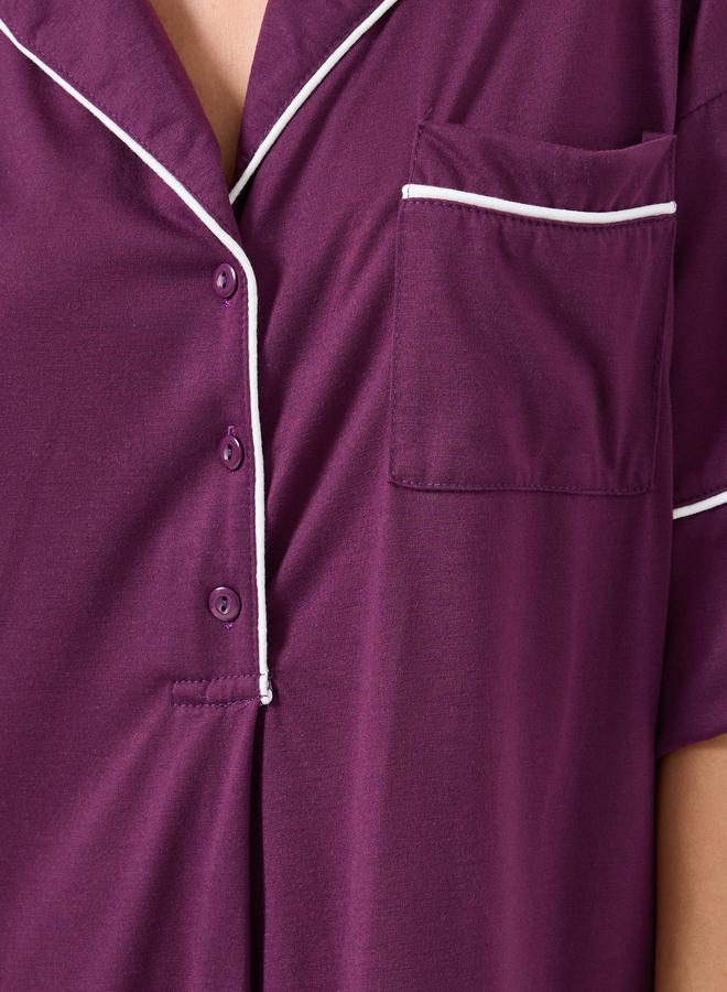 Styli Contrast Piped Half Placket Nightshirt Dress - Image 3