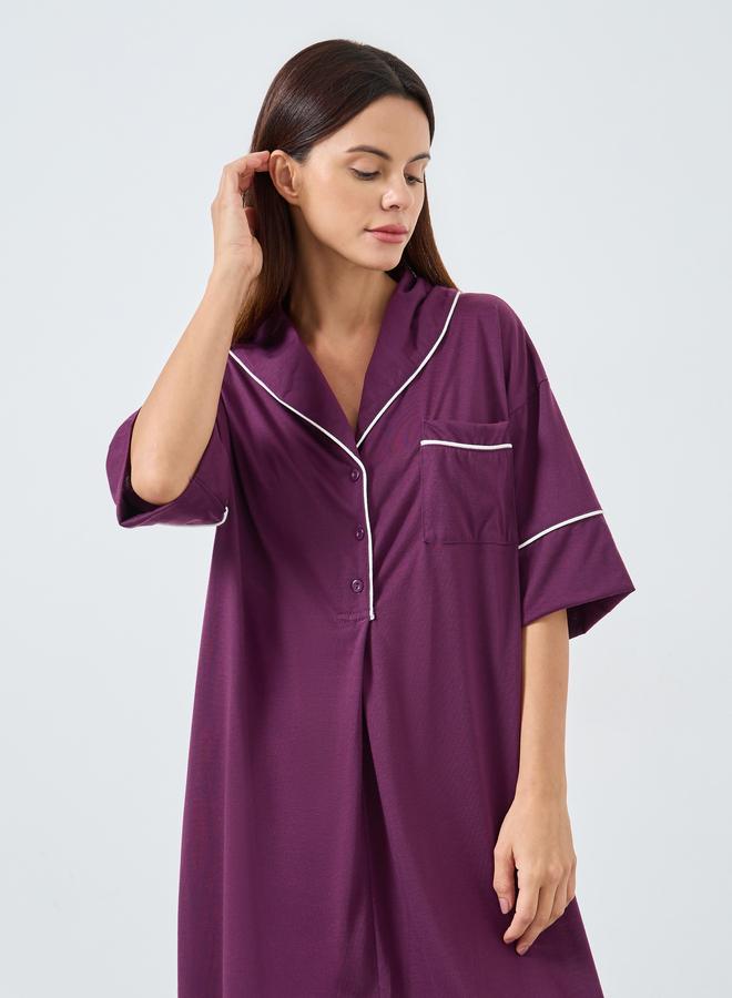 Styli Contrast Piped Half Placket Nightshirt Dress - Image 2