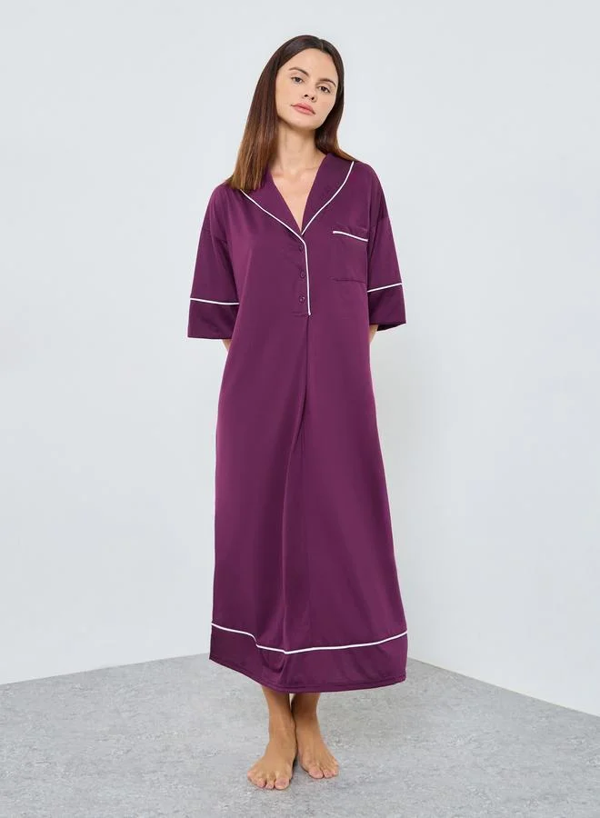 Styli Styli Contrast Piped Half Placket Nightshirt Dress