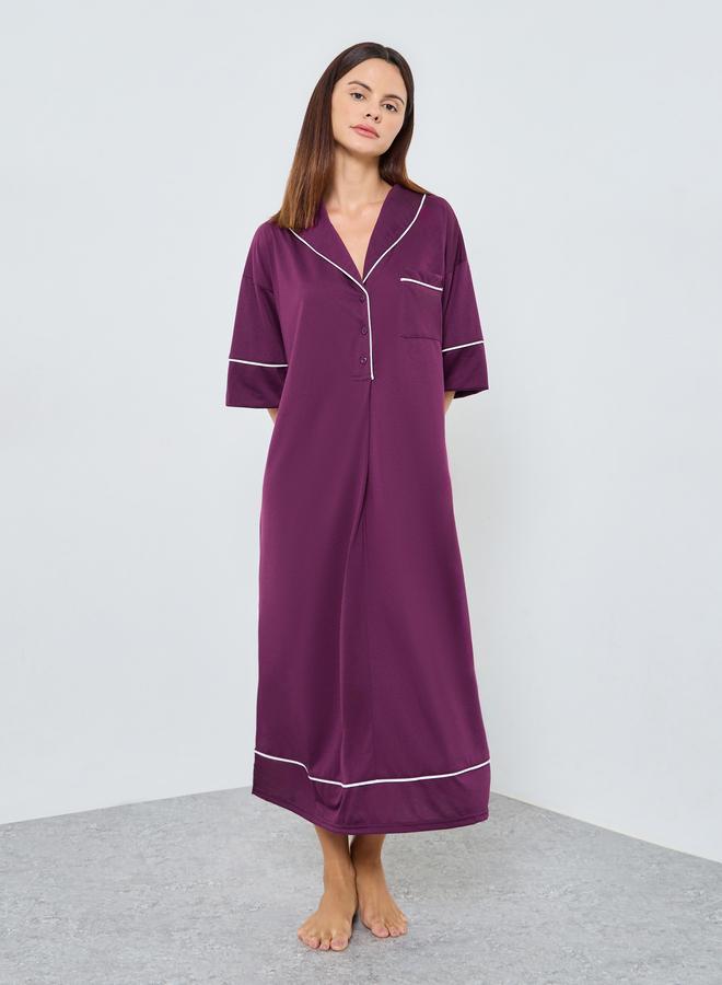 Styli Contrast Piped Half Placket Nightshirt Dress - Image 1