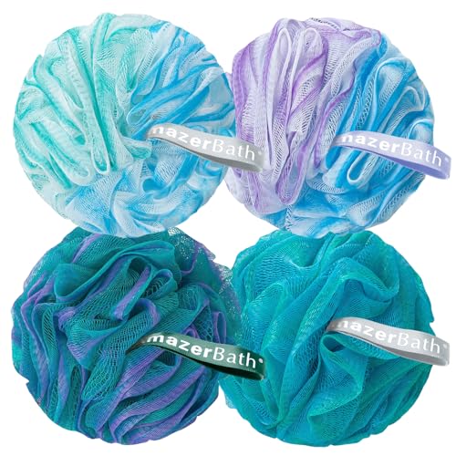 AmazerBath Charcoal Loofah Sponge Shower Loofah 60gPCS Body Scrubber Loofa Set of 4 Green Purple Blue Bath Sponge for Men and Women - Image 1