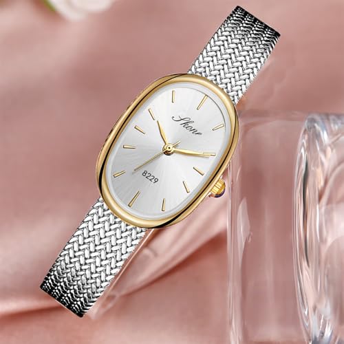 Reginald Women’s Oval Gold Watch Petite Easy Reader Quartz Dress Watch with White Dial Slim Stainless Steel Bracelet Watch Elegant Small Wristwatch for Women (Silver-B) - Image 5