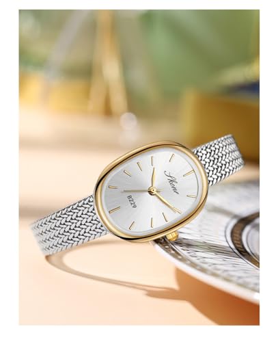 Reginald Women’s Oval Gold Watch Petite Easy Reader Quartz Dress Watch with White Dial Slim Stainless Steel Bracelet Watch Elegant Small Wristwatch for Women (Silver-B) - Image 4