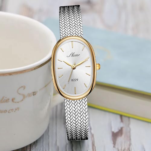 Reginald Women’s Oval Gold Watch Petite Easy Reader Quartz Dress Watch with White Dial Slim Stainless Steel Bracelet Watch Elegant Small Wristwatch for Women (Silver-B) - Image 2