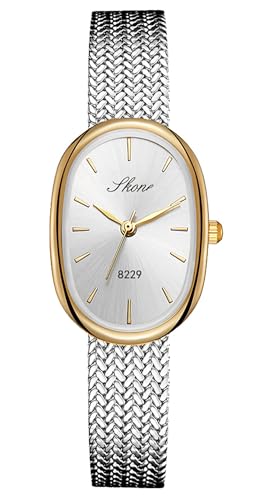 Reginald Women’s Oval Gold Watch Petite Easy Reader Quartz Dress Watch with White Dial Slim Stainless Steel Bracelet Watch Elegant Small Wristwatch for Women (Silver-B) - Image 1
