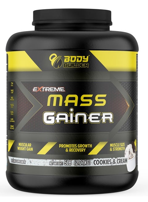 Body Builder Extreme Mass Gainer - Weight Gainer with 36g Protein, 8.3g BCAA, 146g Carb and 50mg Enzymes - Cookies and Cream, 5 LB