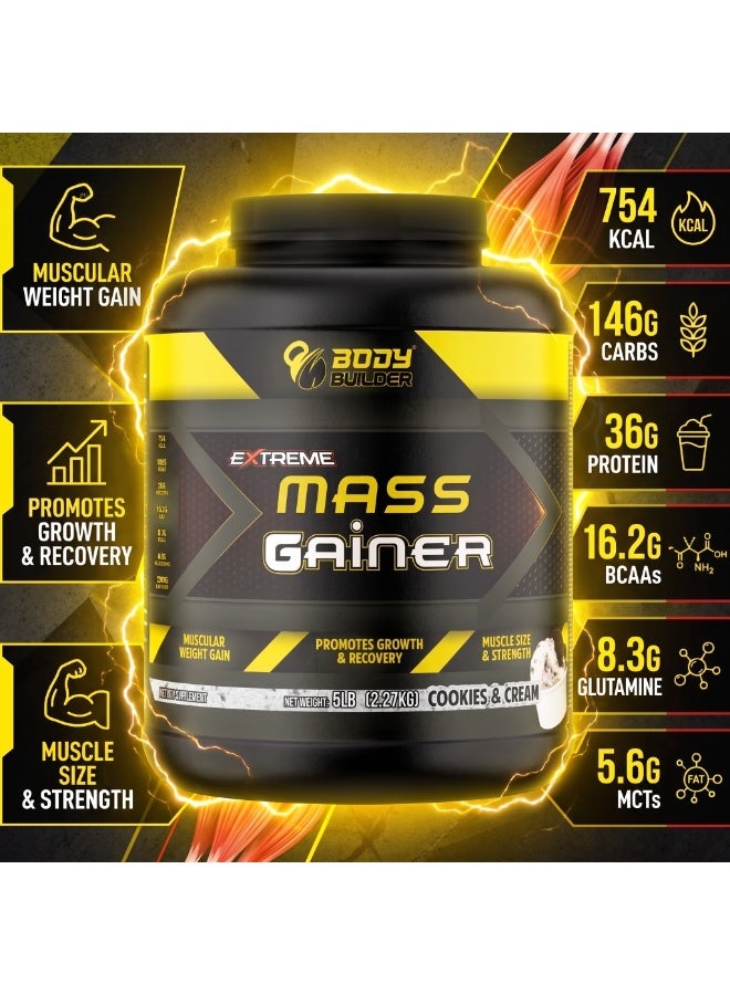 Body Builder Extreme Mass Gainer - Weight Gainer with 36g Protein, 8.3g BCAA, 146g Carb and 50mg Enzymes - Cookies and Cream, 5 LB - Image 5