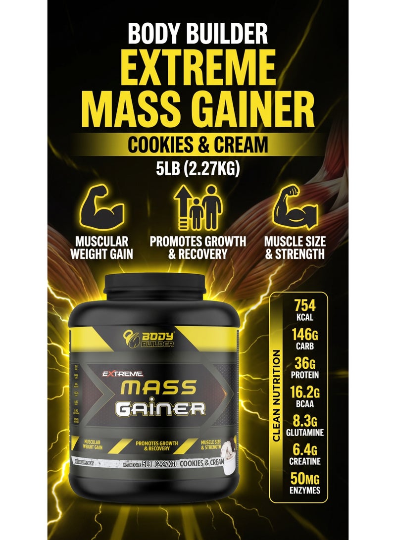 Body Builder Extreme Mass Gainer - Weight Gainer with 36g Protein, 8.3g BCAA, 146g Carb and 50mg Enzymes - Cookies and Cream, 5 LB - Image 4