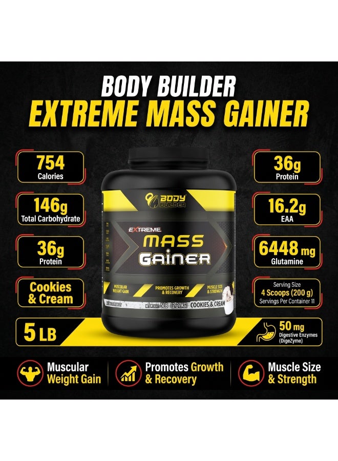 Body Builder Extreme Mass Gainer - Weight Gainer with 36g Protein, 8.3g BCAA, 146g Carb and 50mg Enzymes - Cookies and Cream, 5 LB - Image 3