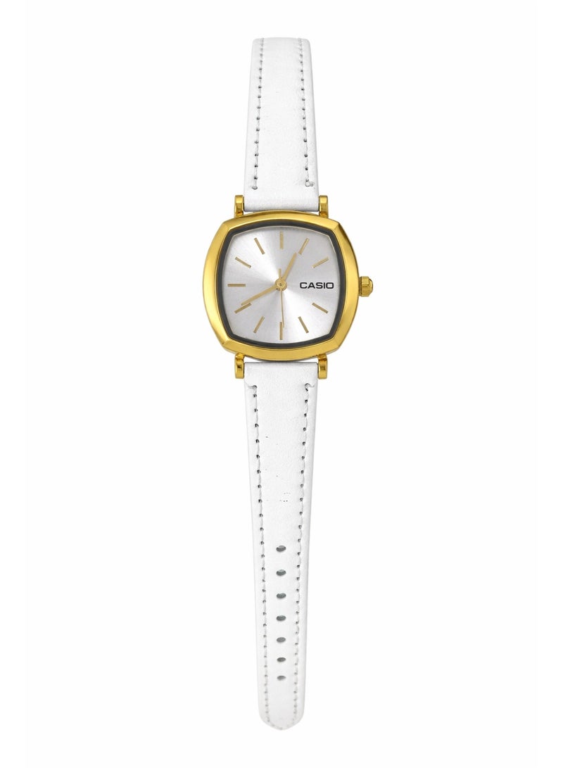 Casio Women’s Gold Tone Watch with White Leather Strap and Silver Dial – Elegant Analog Wristwatch