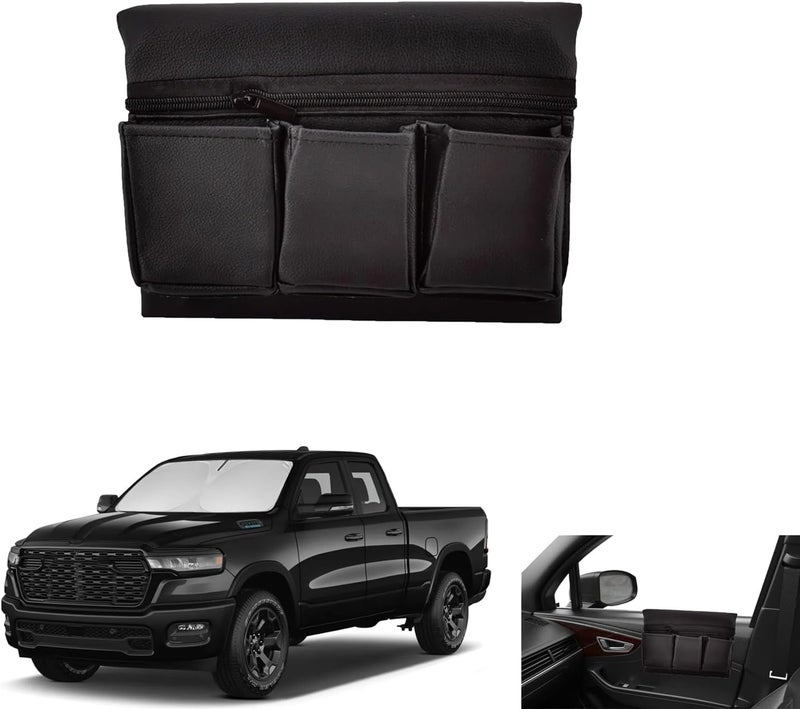 Car Door Armrest Storage Box - Black Leather Organizer with Multiple Pockets - Image 1