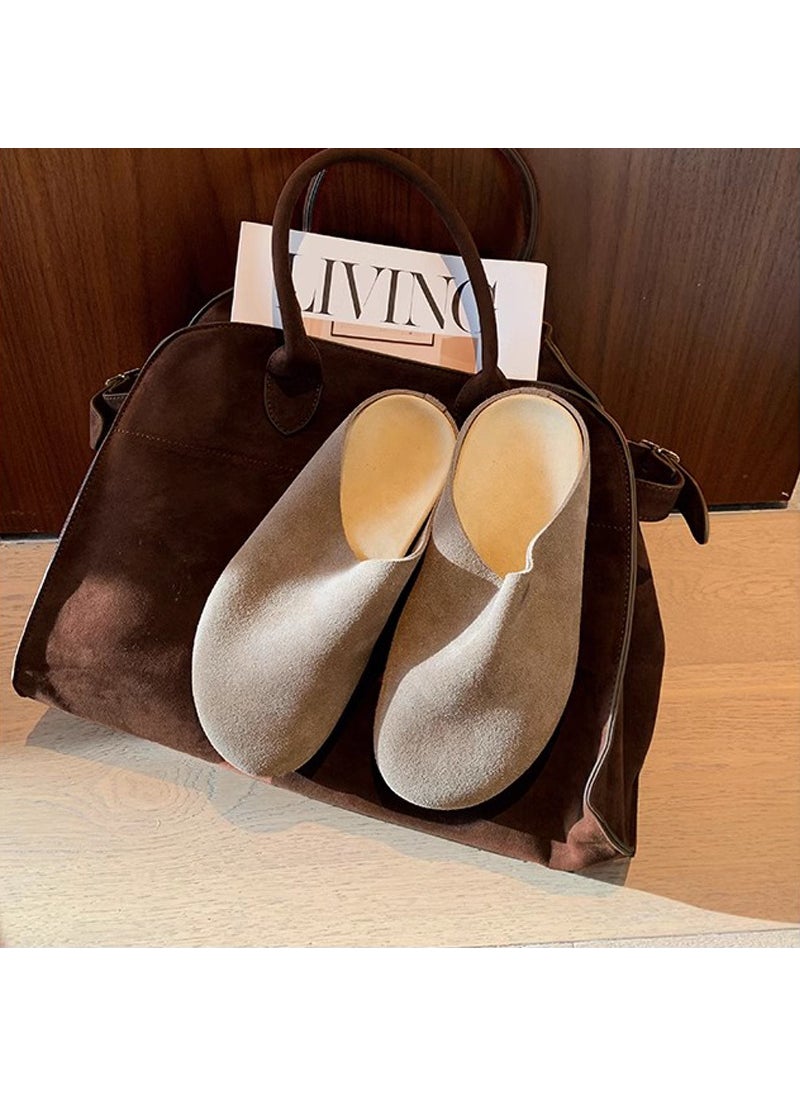 Generic - Grape Mom Autumn New Genuine Leather Row Style Soft Face Lazy One Pedal Thick Bottom Big Head Burkenite Shoes Half Slippers for Women P9758 Khaki - Image 1