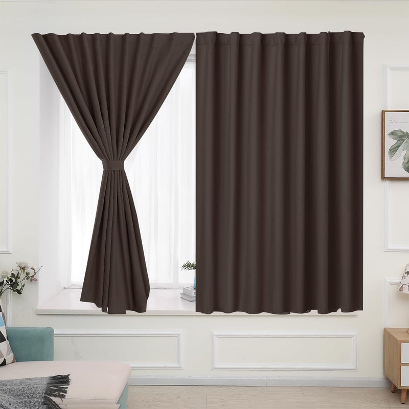 Muamar 2pcs Self Adhesive Small Blackout Curtains with Tiebacks Portable Curtains for Kitchen Window Cabinet Curtains Rental Curtains for Privacy Protect Coffee 34"" W X 30"" L - Image 2