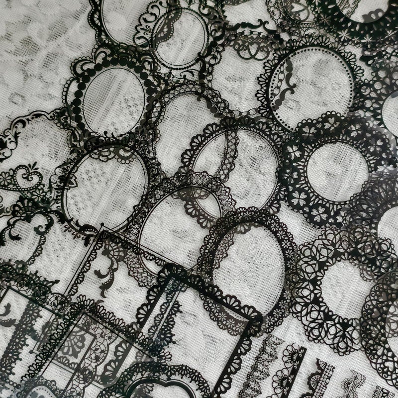 PRSTINCOL 120 PCs Lace Scrapbook Stickers,Waterproof Cutout Transparent Sticker PET Transparent Lace Stickers for Scrapbooking DIY Decoration Making Notebook Frame Album Handmade(Black) - Image 2