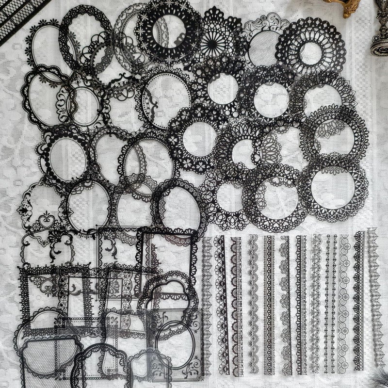 PRSTINCOL 120 PCs Lace Scrapbook Stickers,Waterproof Cutout Transparent Sticker PET Transparent Lace Stickers for Scrapbooking DIY Decoration Making Notebook Frame Album Handmade(Black) - Image 1