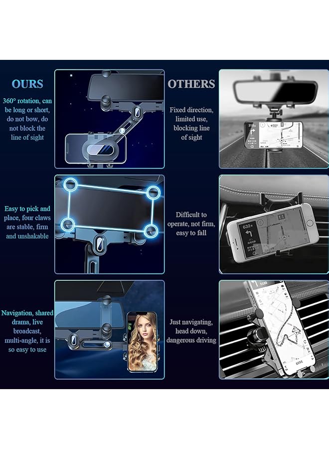 OneNine Rearview Mirror Phone Holder For Car, Upgrade 360° Rotatable Retractable Car Phone Holder Mount Gps Holder Automobile Cradles, Multifunctional Adjustable Car Rear View Mirror Phone Holder - Image 3