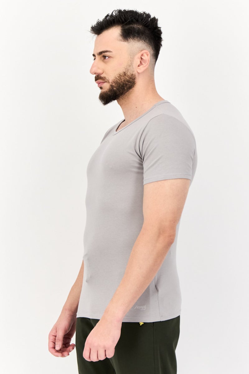 sloggi Men 2 Pieces Round Neck Short Sleeve Brand Logo Undershirt, Grey - Image 3