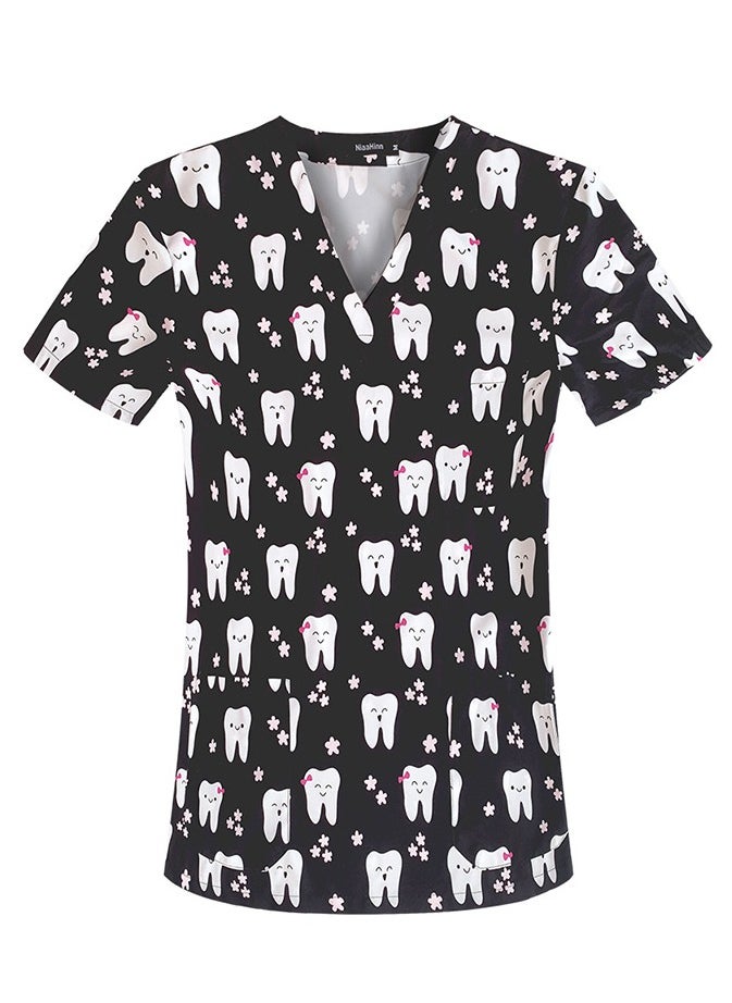 Loquat Unisex Printed V-Neck Medical Uniform Scrubs Top Comfty Soft Workwear 