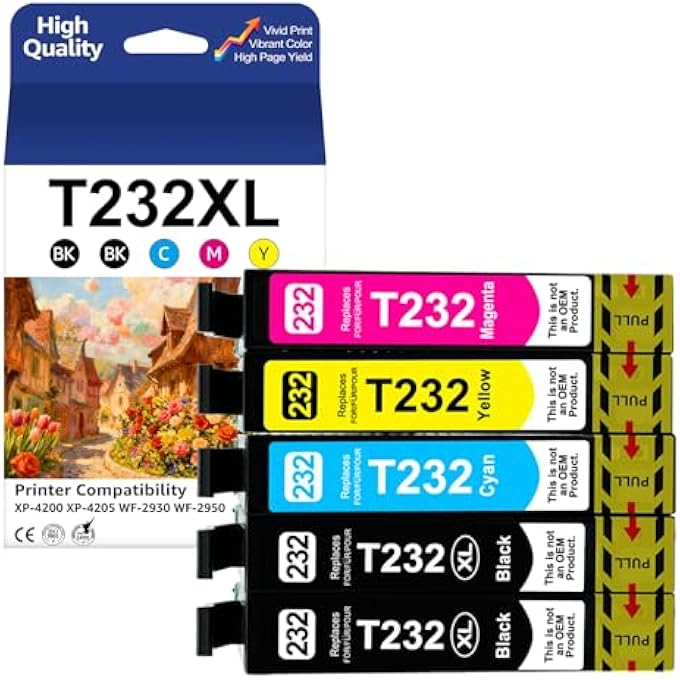 REMANUFACTURED 232XL INK CARTRIDGES COMBO PACK REPLACEMENT FOR T232XL HIGH YIELD INK CARTRIDGE COMPATIBLE WITH XP-4200 WF-2930 XP-4205 WF-2950 PRINTERS (2 BK/1 C/1 M/1 Y-5 PACK) - Image 2