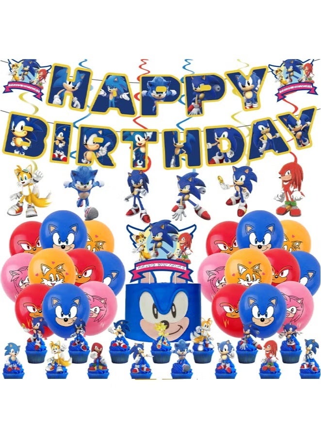 سونيك مجموعة ديكورات حفلات سونيك القنفذ - 43 قطعة بالونات، لافتة عيد ميلاد، زينة كعكة، وزينة دوارة معلقة للأطفال، حفلات استقبال المولود الجديد، حفلات التخرج، حفلات توديع العزوبية - ديكور داخلي وخارجي - Image 1